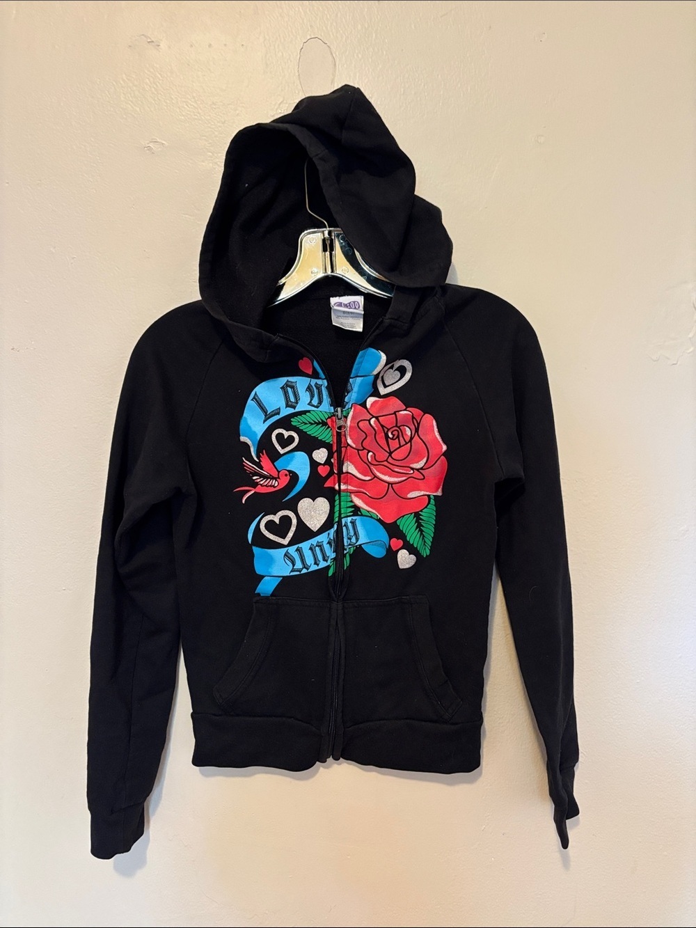 Black Women's Zip-Up Hoodie with Rose & Blue Banner Graphic